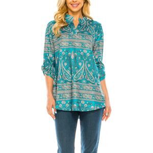 HAUTE EDITION Women's 3/4 Sleeve Tunic Top turquois gray pattern XL NWT